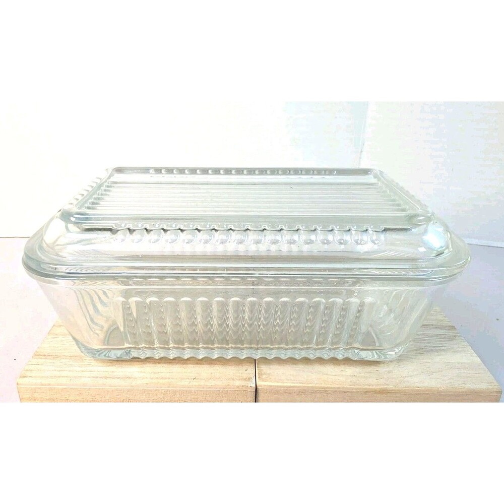 Vintage 1935 Pasabahce Glass Ribbed 4 Stick Butter Refrigerator Dish & Lid 2 Pc